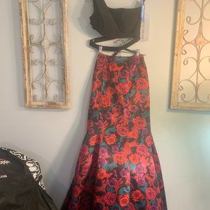 Rachel Allan Prom Dress, 2 piece, black top, floral skirt, size 8